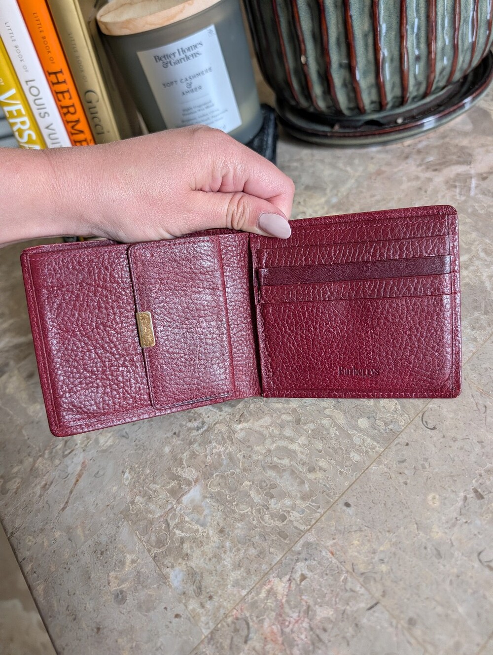 Burberry Men's Card Holder Bifold Wallet - Burgundy Leather - Picture 5 of 9